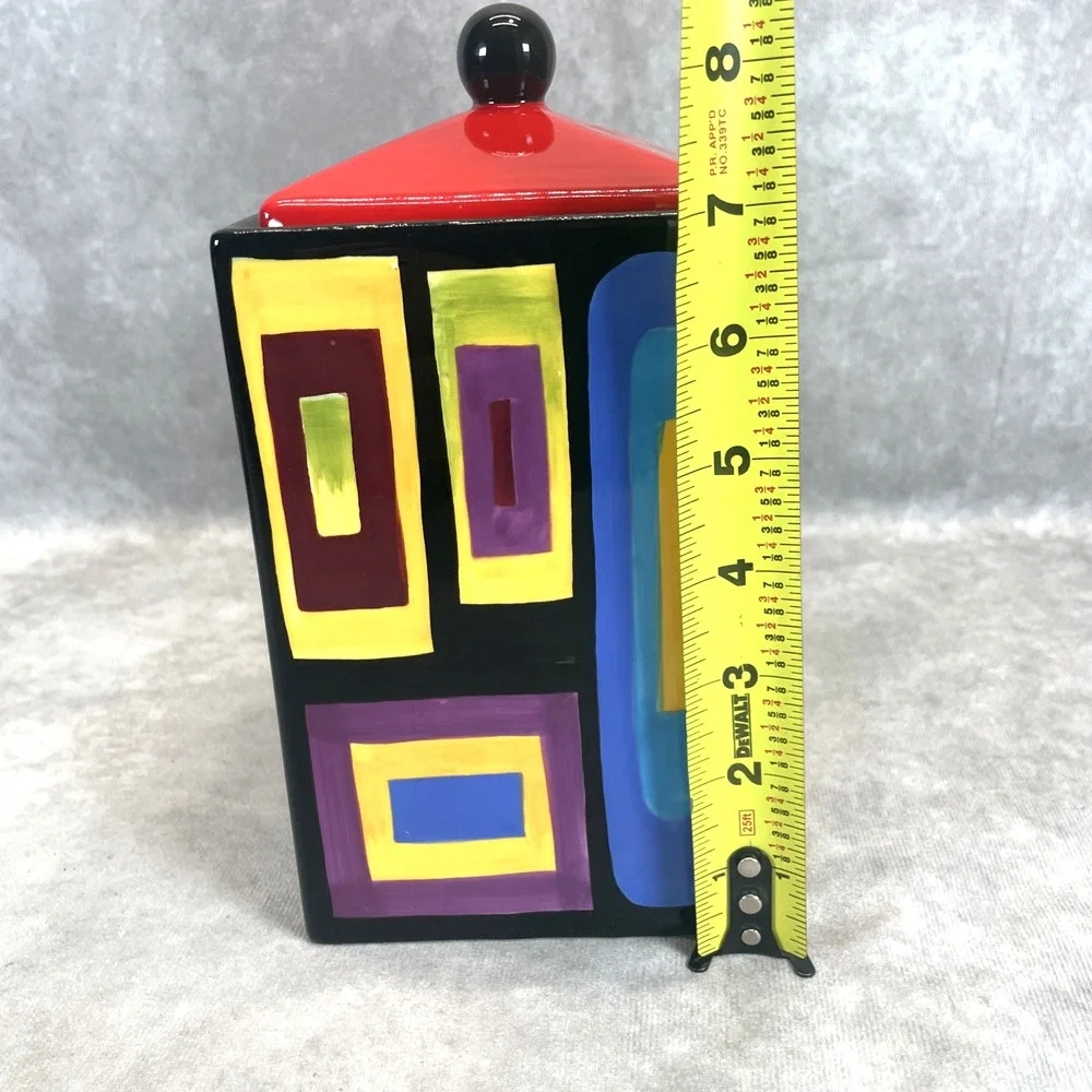 Mary Naylor Designs Modern Ceramic Canister Red Lid Hand Painted Abstract 7x4.5